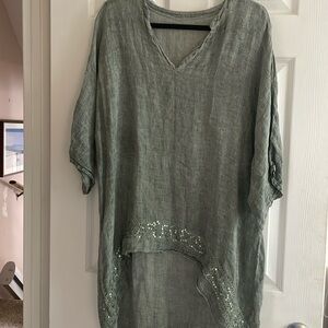 One size linen coverup.  Sequined hi low hem.  Oversized.
